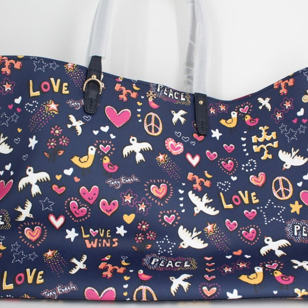 Tory Burch Kerrington Square Navy Peace Print Tote